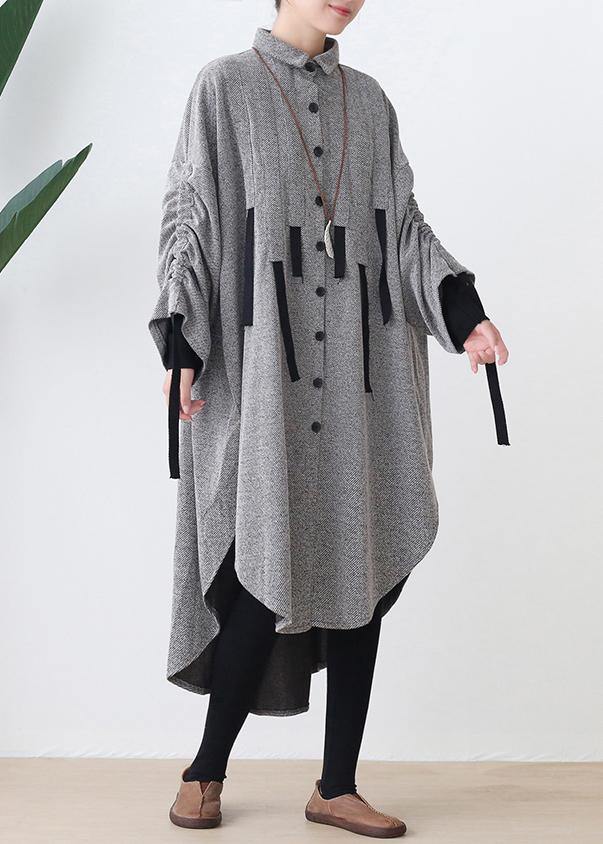 Women lapel low high design cotton tunic top Work gray Robe Dresses