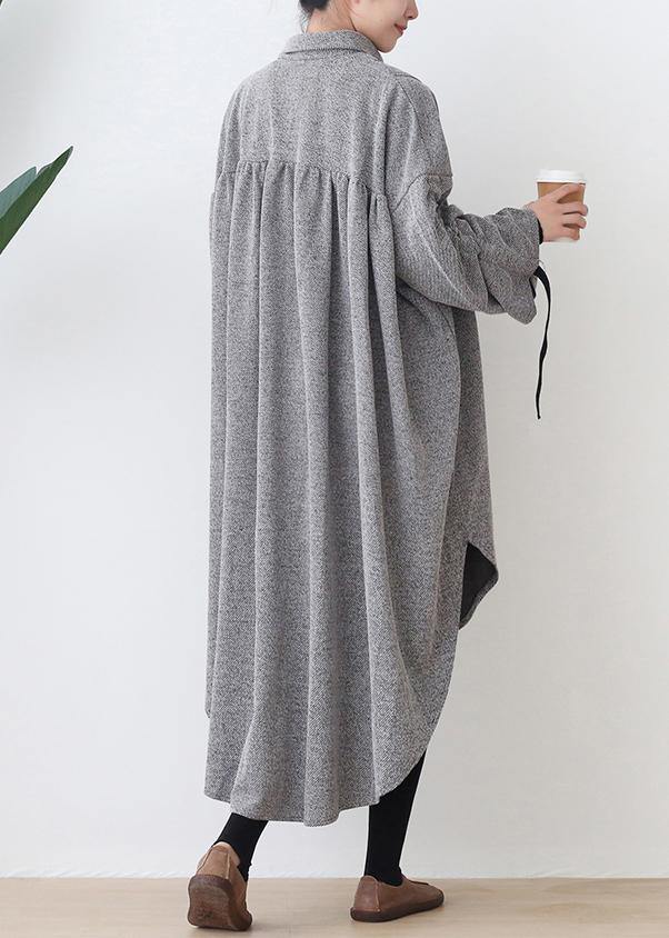 Women lapel low high design cotton tunic top Work gray Robe Dresses