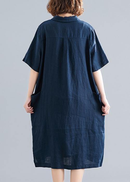 Women navy Cotton quilting clothes lapel pockets Plus Size Dress