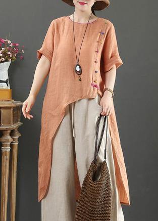 Women o neck asymmetric linen blouses for women pattern orange tops