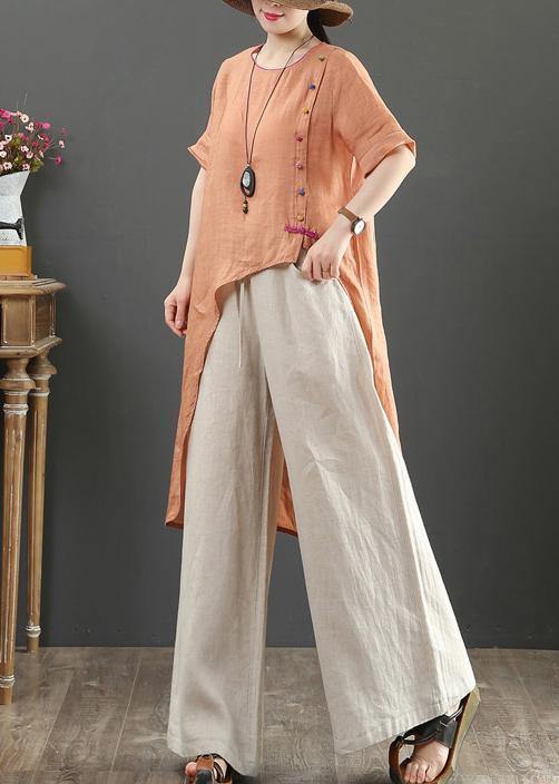 Women o neck asymmetric linen blouses for women pattern orange tops