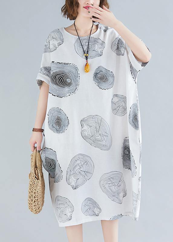 Women o neck baggy Cotton summer clothes linen white print Dresses