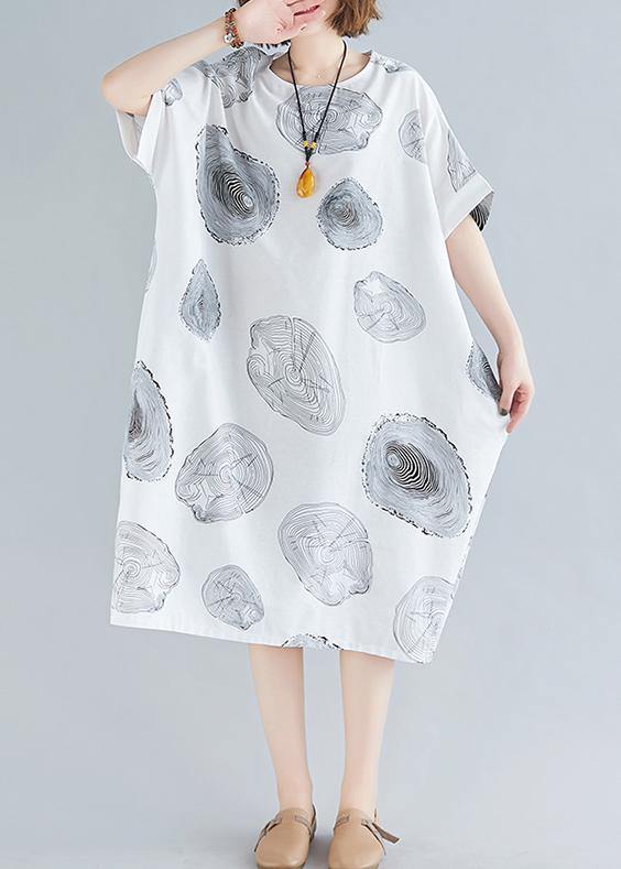 Women o neck baggy Cotton summer clothes linen white print Dresses