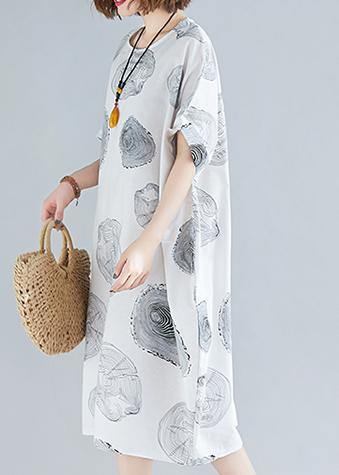 Women o neck baggy Cotton summer clothes linen white print Dresses