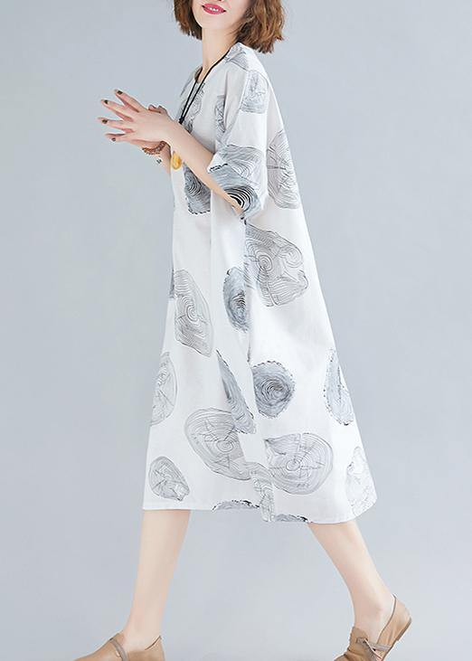 Women o neck baggy Cotton summer clothes linen white print Dresses