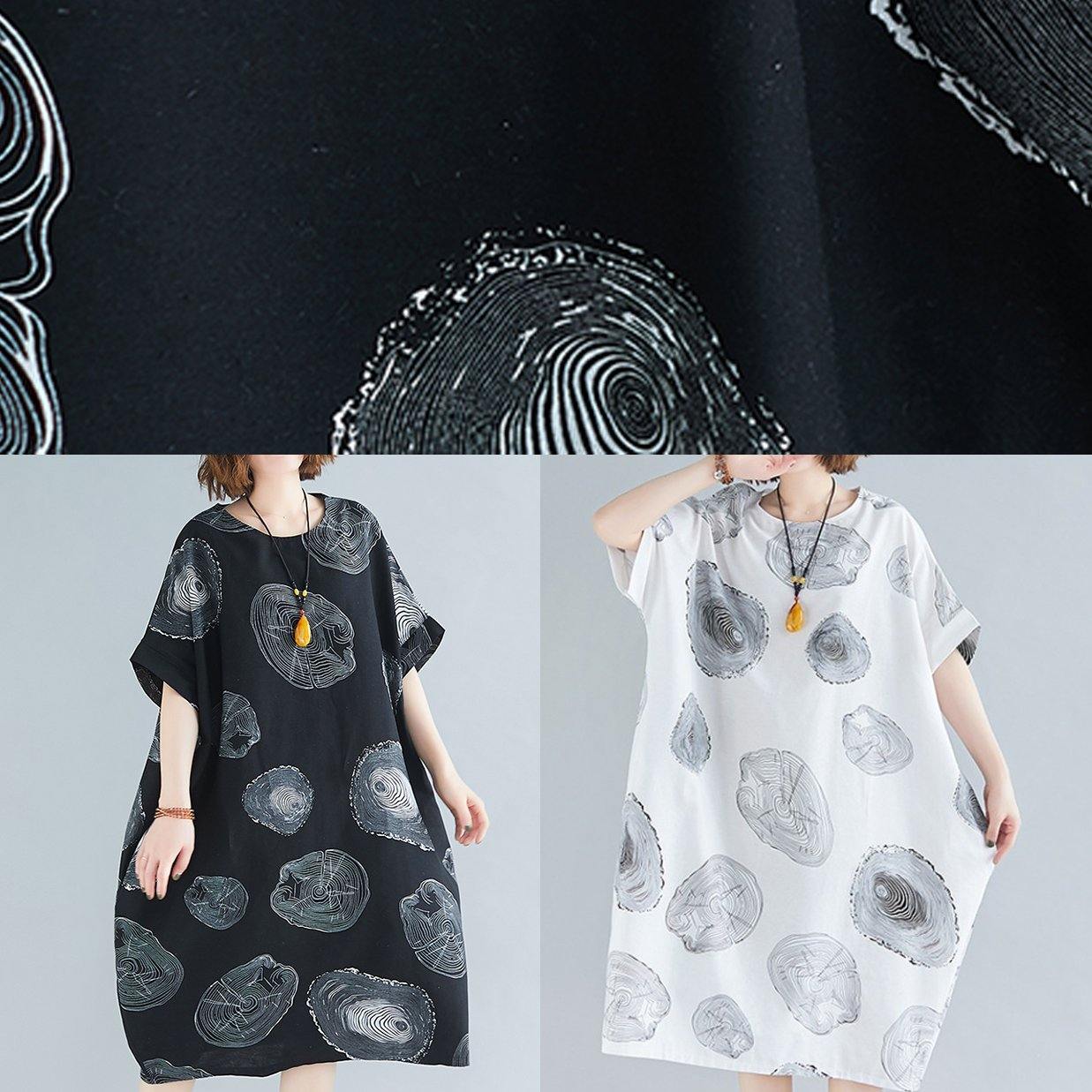 Women o neck baggy Cotton summer clothes linen white print Dresses