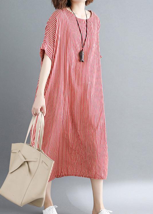 Women o neck linen Robes Omychic Catwalk red striped daily Dress summer