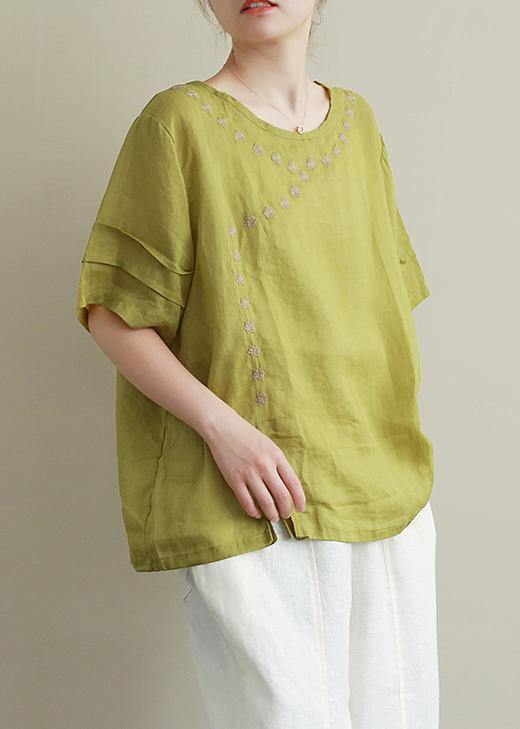 Women o neck linen cotton summer top green embroidery short blouse