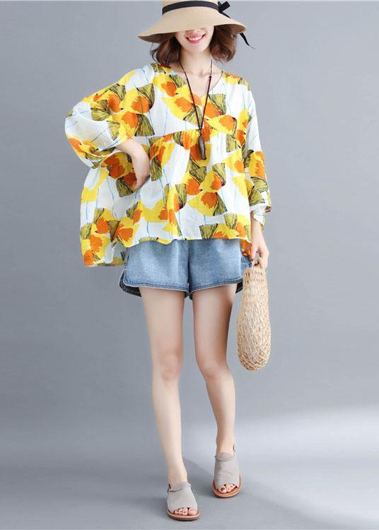 Women o neck patchwork cotton shirts yellow print top