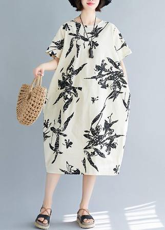 Women o neck pockets Cotton summer dresses pattern beige print Dress