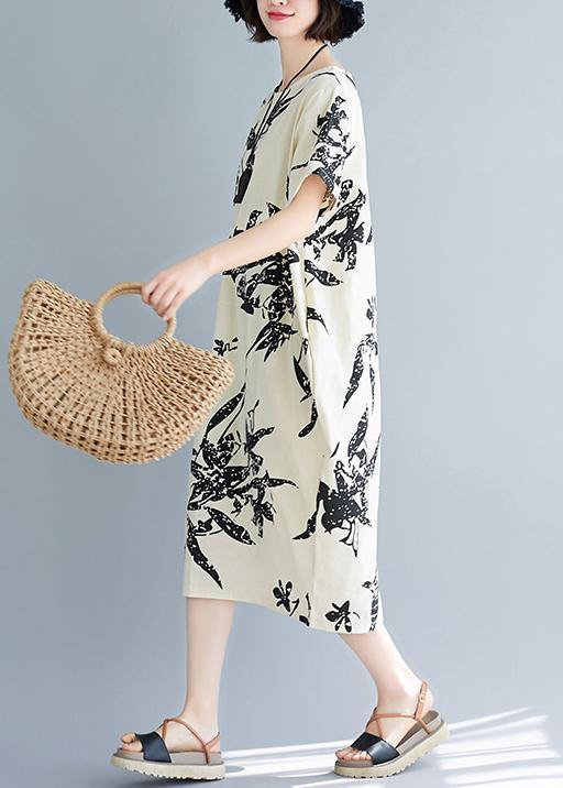 Women o neck pockets Cotton summer dresses pattern beige print Dress