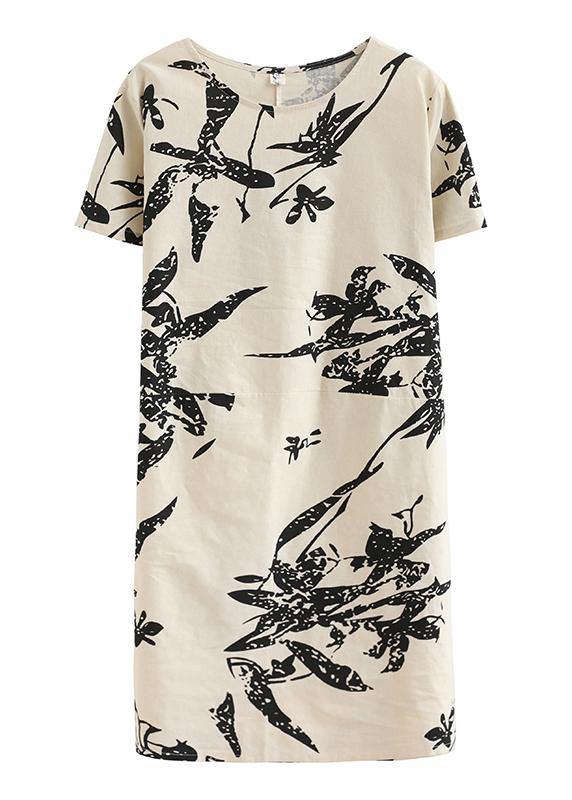 Women o neck pockets Cotton summer dresses pattern beige print Dress