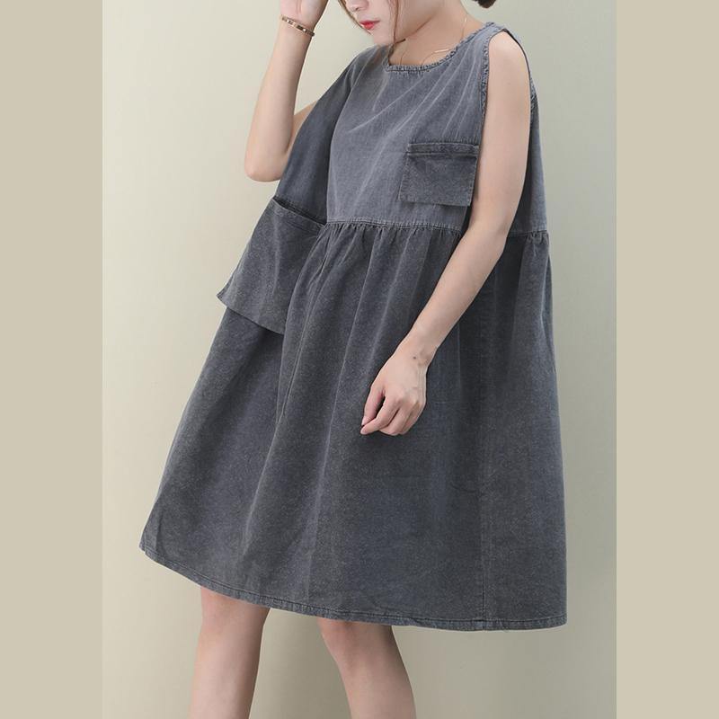 Women o neck Cinched Cotton dresses Fabrics denim gray Dresses