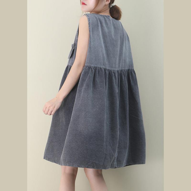 Women o neck Cinched Cotton dresses Fabrics denim gray Dresses