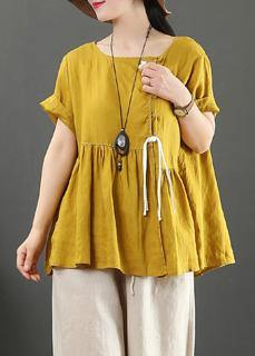 Women o neck Cinched linen clothes design yellow shirts