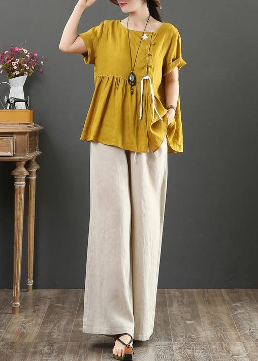 Women o neck Cinched linen clothes design yellow shirts