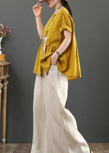 Women o neck Cinched linen clothes design yellow shirts