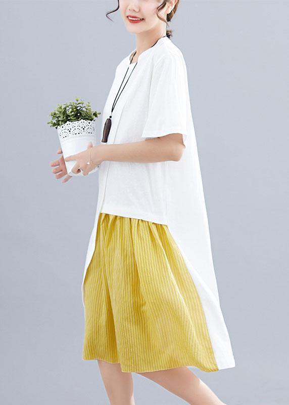 Women patchwork o neck linen dresses Sewing white Dresses summer