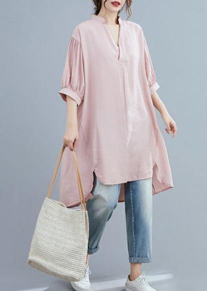 Women pink clothes v neck lantern sleeve Art summer top