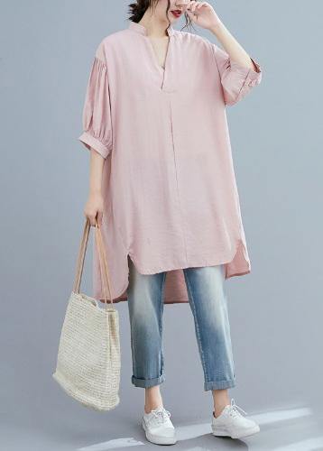 Women pink clothes v neck lantern sleeve Art summer top