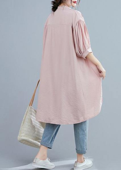 Women pink clothes v neck lantern sleeve Art summer top