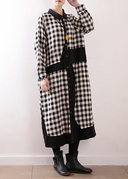 Women plaid cotton clothes For Women lapel collar Art autumn shirt dress