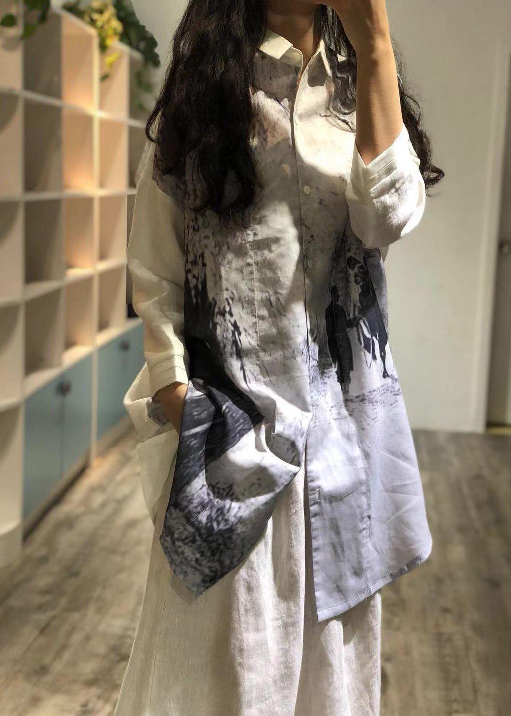 Women Prints Chiffon Robes Lapel Collar Short Fall Shirt Dresses