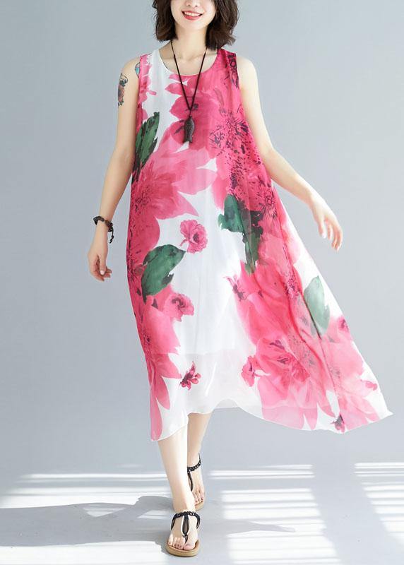 Women red floral cotton Tunic sleeveless Maxi summer Dresses