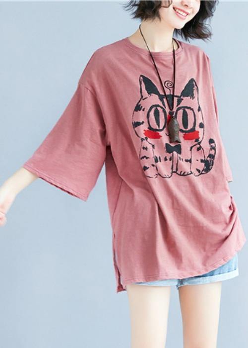 Women red print cotton blouses for women o neck baggy shirt