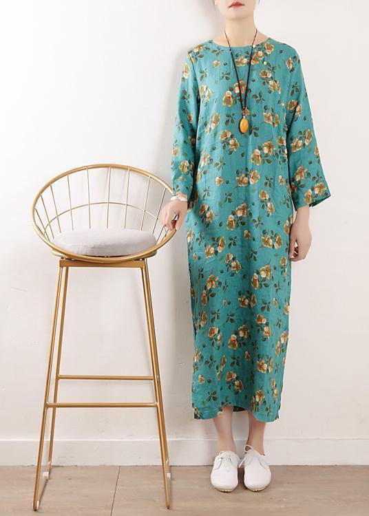 Women side open linen clothes For Women Shape blue floral Dress summer