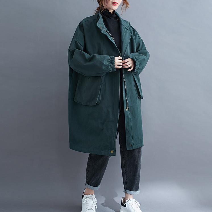 Women stand collar Large pockets Plus Size maxi coat green Midi coat