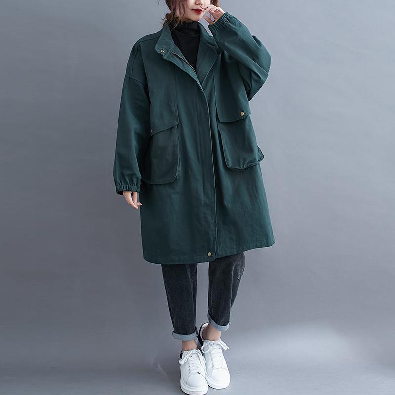 Women stand collar Large pockets Plus Size maxi coat green Midi coat