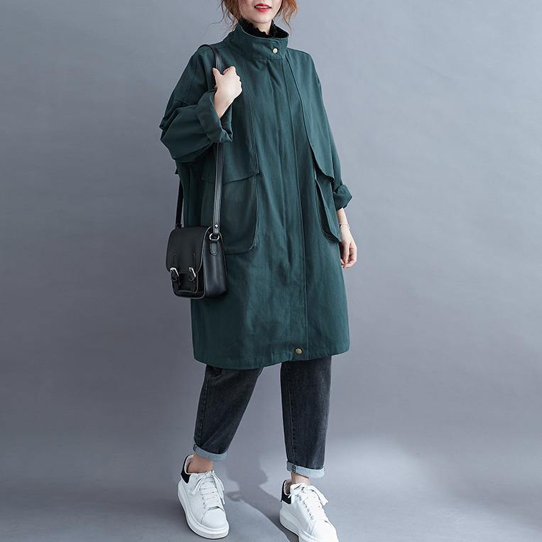 Women stand collar Large pockets Plus Size maxi coat green Midi coat