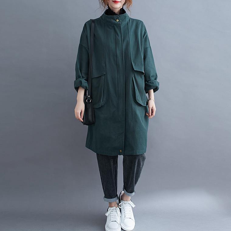 Women stand collar Large pockets Plus Size maxi coat green Midi coat