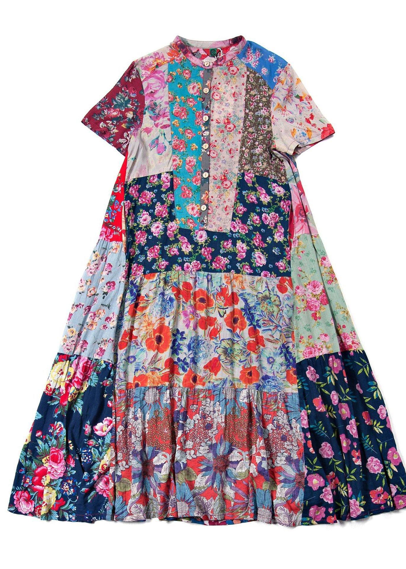 Women stand collar Extra large hem cotton Tunics Runway floral Kaftan Dress