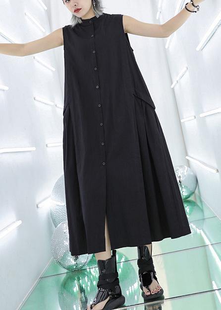 Women stand collar pockets cotton summer dresses Sewing black long Dresses