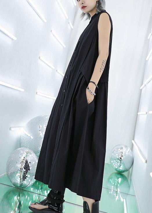 Women stand collar pockets cotton summer dresses Sewing black long Dresses