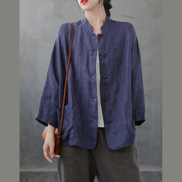 Women stand collar pockets tunics Sewing dark blue top