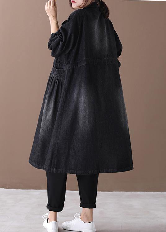 Women stand collar Cinched Fashion coat denim black loose outwears