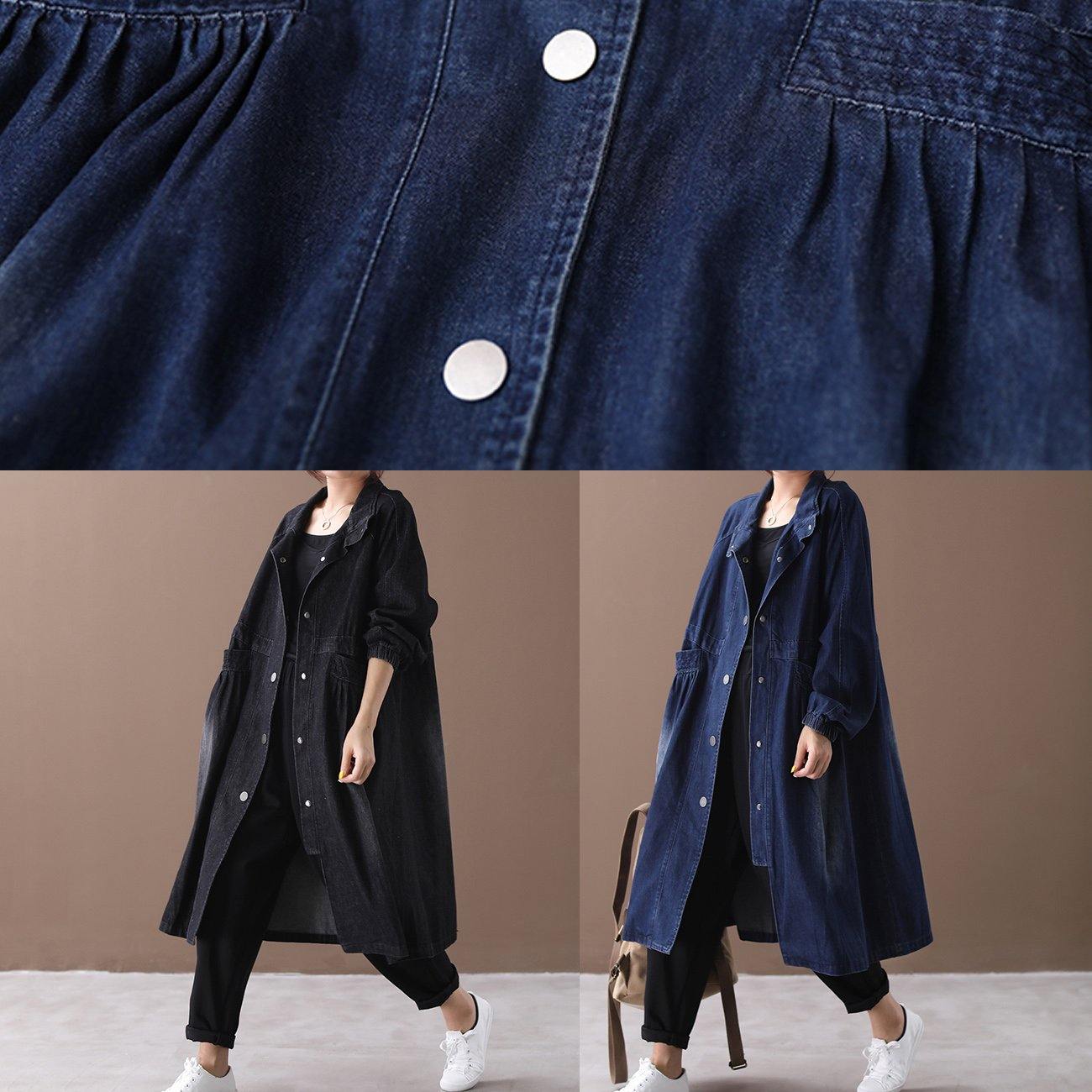 Women stand collar Cinched Fashion coat denim black loose outwears