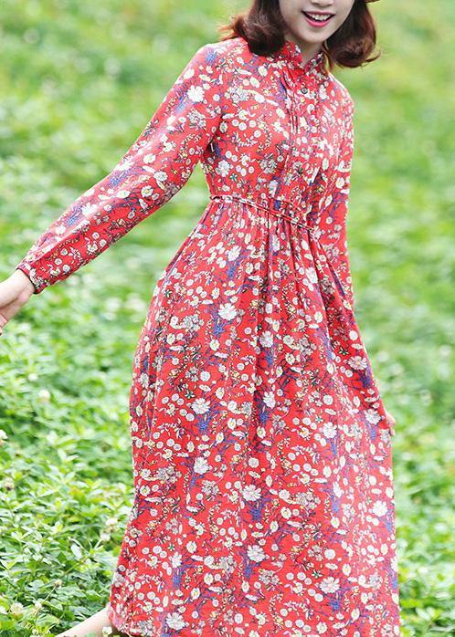 Women stand neck linen high neck clothes Fashion Ideas red floral Dress