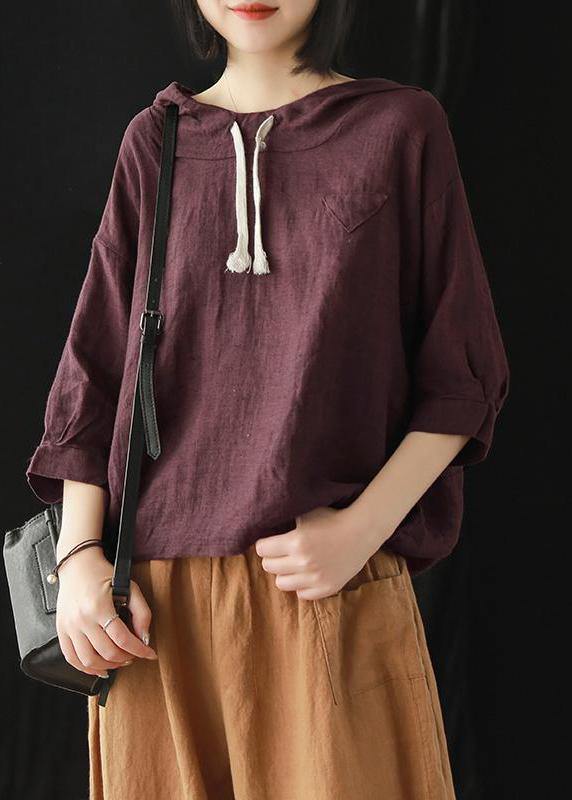 Women top silhouette 2025 Linen Summer Literary burgundy Hooded Three Quarter Sleeve T-shirt