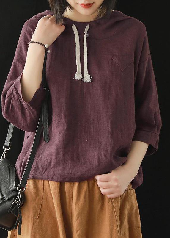 Women top silhouette 2025 Linen Summer Literary burgundy Hooded Three Quarter Sleeve T-shirt