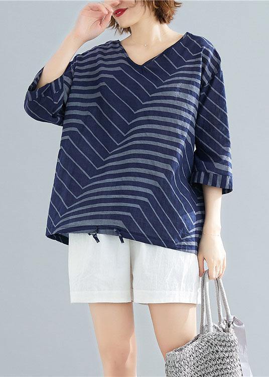 Women v neck cotton linen shirts blue striped short blouses summer