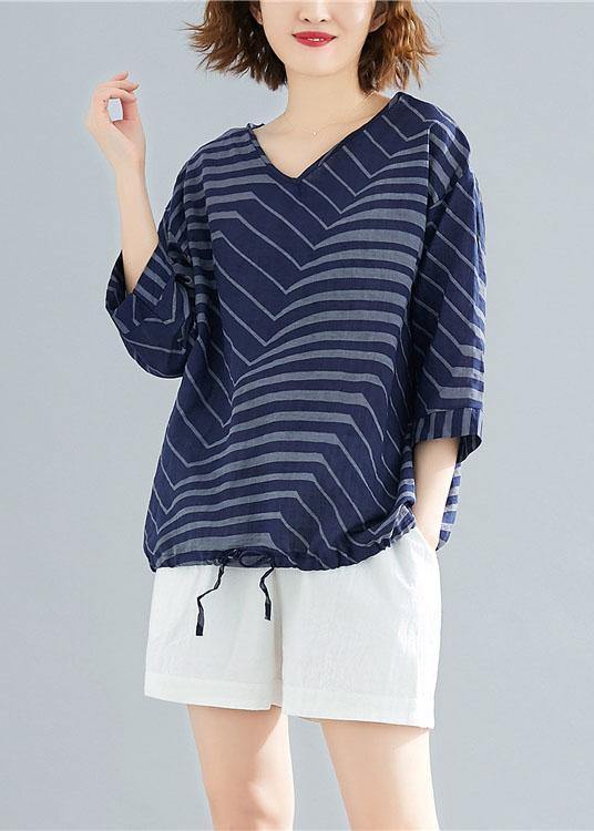 Women v neck cotton linen shirts blue striped short blouses summer