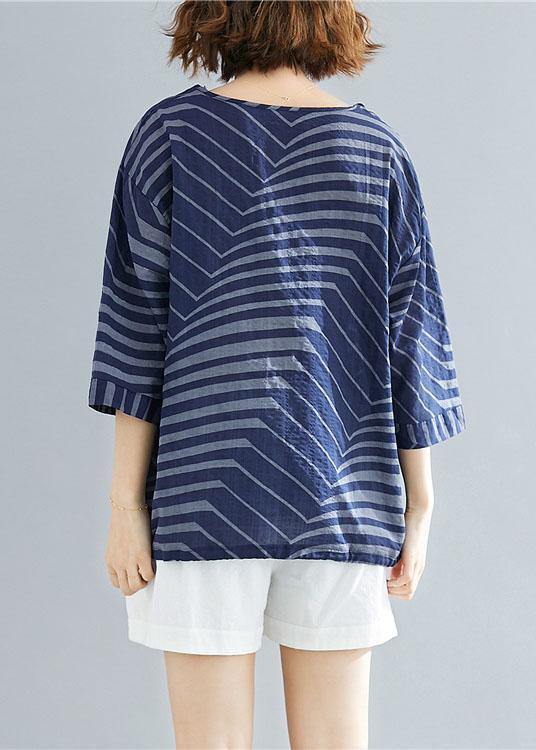 Women v neck cotton linen shirts blue striped short blouses summer