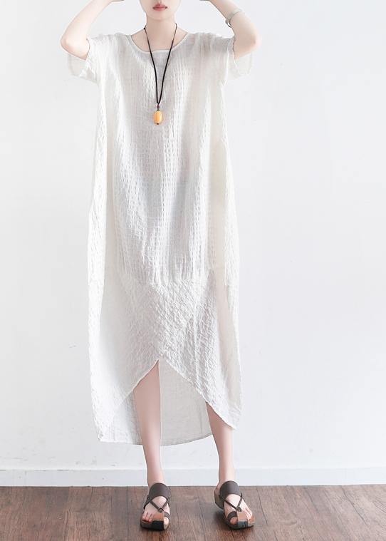 Women white plaid linen clothes front open Maxi summer Dresses