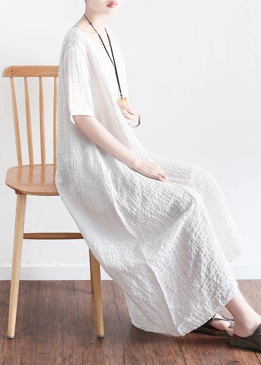 Women white plaid linen clothes front open Maxi summer Dresses