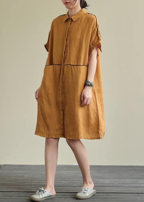 Women yellow linen dress lapel pockets Plus Size summer Dresses