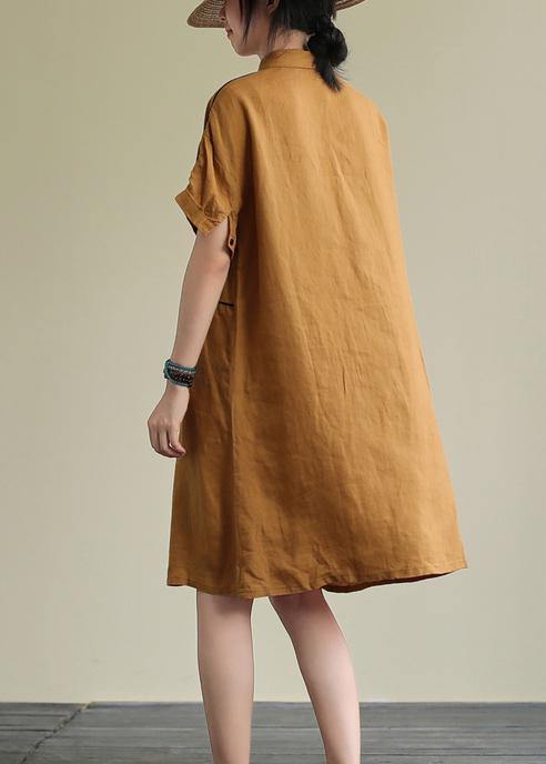 Women yellow linen dress lapel pockets Plus Size summer Dresses